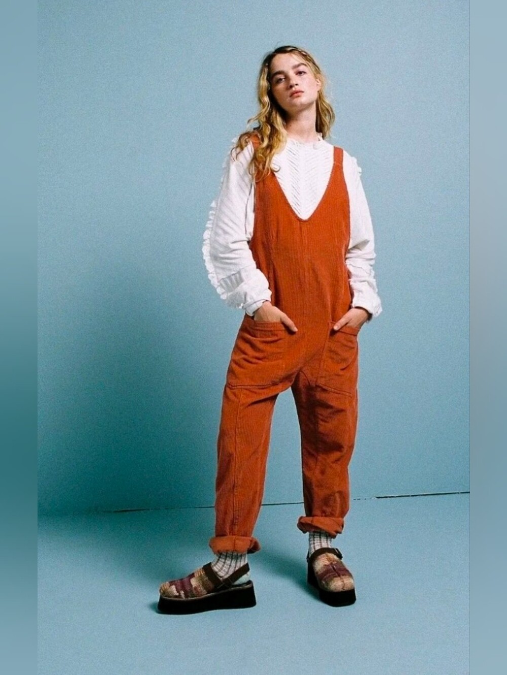 We The Free High Roller Cedar Corduroy Jumpsuit Boho Slouchy Granola Neutral L